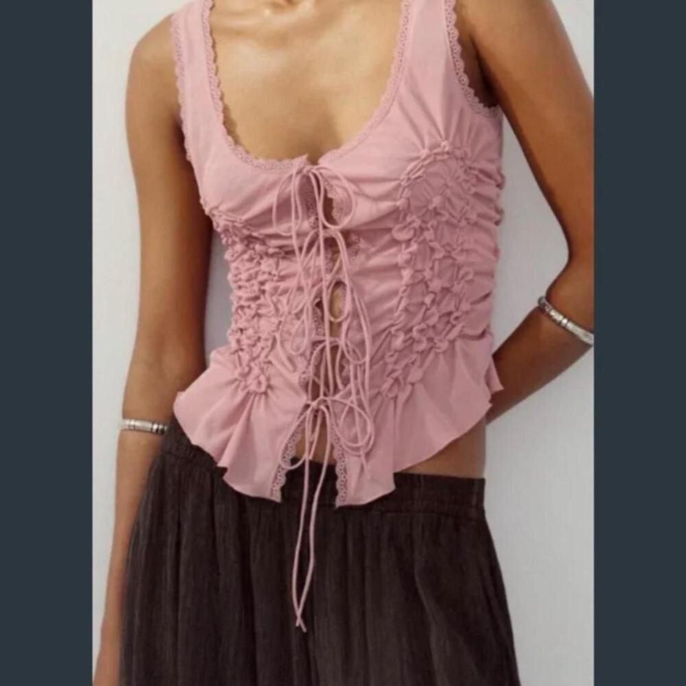 Zara pink ruched sheer cami with ties. Size large